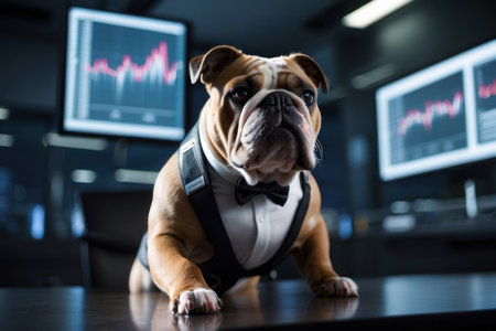 A realistic bulldog at his desk in front of his screen, posing like a business person dominating the stock market. Defocused and colorful background.の素材