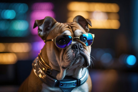 A realistic bulldog with glasses, at his desk in front of his screen, posing like a business person dominating the stock market. Defocused background.の素材