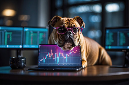 A realistic bulldog with glasses, at his desk in front of his screen, posing like a business person dominating the stock market. Defocused background.の素材