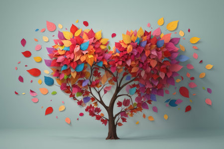 A tree whose multicolored leaves form a heart, with a flat bottom. symbolizing love and shared growth, perfect for Valentine's Dayの素材