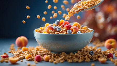 Vibrant and dynamic image that captures the exact moment milk and cereal spill into a bowl full of crunchy cereal and fresh fruits. The dark blue background highlights the bright colors of the ingredients, creating an appetizing and energetic scene.の素材