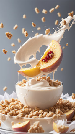 vertical image capturing the exact moment cereal spills into a bowl full of crunchy cereal and fresh fruits. Professional image of culinary productの素材