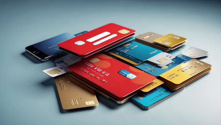 illustration of mobile banking and digital payments. Colorful, abstract graphic elements emerge from behind and around the phones and cards.の素材