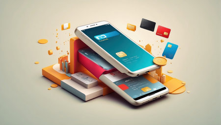 illustration of mobile banking and digital payments. Colorful, abstract graphic elements emerge from behind and around the phones and cards.の素材