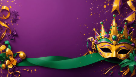 image of a decorative Mardi Gras mask, adorned with feathers and decorations surrounded by ribbons and confetti on a flat colored background, creating a festive and vibrant atmosphereの素材