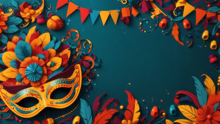 image of a decorative Mardi Gras mask, adorned with feathers and decorations surrounded by ribbons and confetti on a flat colored background, creating a festive and vibrant atmosphereの素材