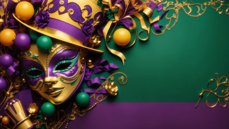 image of a decorative Mardi Gras mask, adorned with feathers and decorations surrounded by ribbons and confetti on a flat colored background, creating a festive and vibrant atmosphereの素材