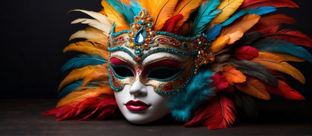 Mardi Gras mask with a multicolored feather headdress on dark background, creating festive atmosphere evoking the energy and beauty of carnivals and festivalsの素材