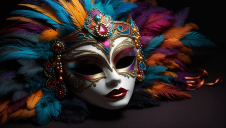 Mardi Gras mask with a multicolored feather headdress on dark background, creating festive atmosphere evoking the energy and beauty of carnivals and festivalsの素材