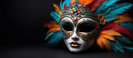 Mardi Gras mask with a multicolored feather headdress on dark background, creating festive atmosphere evoking the energy and beauty of carnivals and festivalsの素材