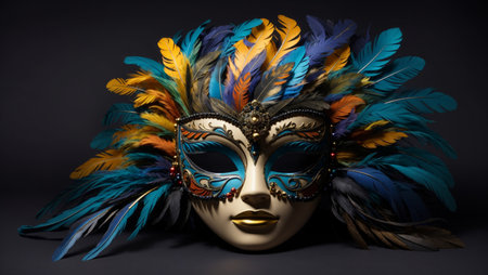 Mardi Gras mask with a multicolored feather headdress on dark background, creating festive atmosphere evoking the energy and beauty of carnivals and festivalsの素材
