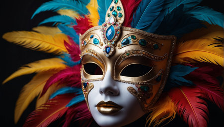 Mardi Gras mask with a multicolored feather headdress on dark background, creating festive atmosphere evoking the energy and beauty of carnivals and festivalsの素材