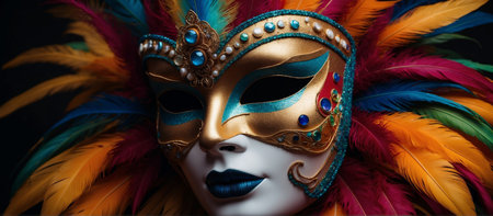 Mardi Gras mask with a multicolored feather headdress on dark background, creating festive atmosphere evoking the energy and beauty of carnivals and festivalsの素材