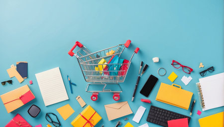 illustration of shopping cart with purchased items. Representation of the season of sales and offers in stores and online stores.の素材