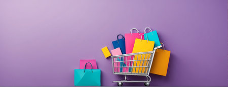 illustration of shopping cart with purchased items. Representation of the season of sales and offers in stores and online stores.の素材