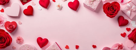 romantic image highlighting red hearts and fresh roses on a soft pink background, creating an atmosphere of love and affectionの素材