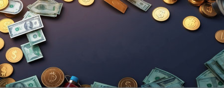Illustration on a flat background with money, representing savings and the rise in the price of lifeの素材
