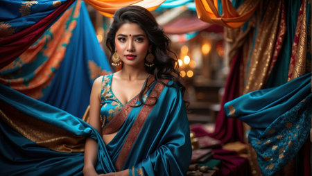 Indian woman wears a silk sari adorned with gold details. She stands in an intimate and luxuriously decorated setting, surrounded by colorful fabrics and soft lighting that enhances the rich texture and vibrant color of the sari.の素材