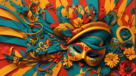 A colorful illustration that captures the essence of the Brazilian carnival, showing a decorated mask surrounded by flowers and festive elements on a yellow backgroundの素材