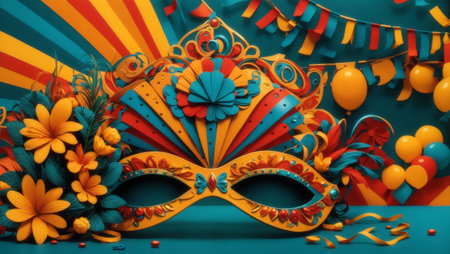 A colorful illustration that captures the essence of the Brazilian carnival, showing a decorated mask surrounded by flowers and festive elements on a yellow backgroundの素材
