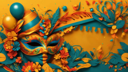 A colorful illustration that captures the essence of the Brazilian carnival, showing a decorated mask surrounded by flowers and festive elements on a yellow backgroundの素材