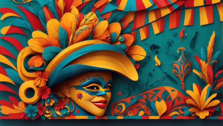 A colorful illustration that captures the essence of the Brazilian carnival, showing a woman's head decorated with festive elements in yellow tones.の素材