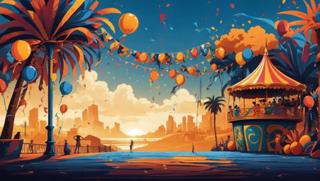 A vibrant illustration capturing an outdoor carnival on a city pier during sunset. Colorful balloons, a carousel tent and decorations create a festive atmosphere.の素材
