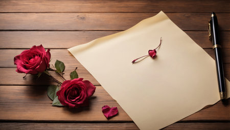 perfect romantic image for Valentine's Day showing a small red heart on a blank paper, accompanied by fresh red roses on a rustic wooden tableの素材