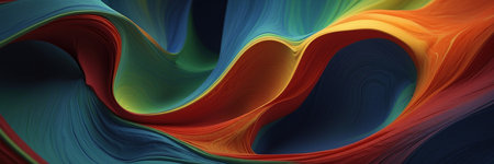 abstract illustration of blue, green and orange waves creating a sense of depth and movementの素材