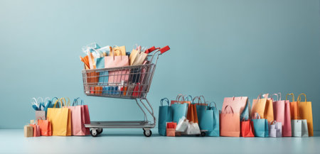 graphic representation of the January sales. Flat background with a full supermarket cart and many shopping bags.の素材
