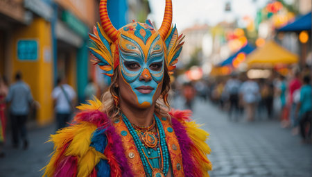 Colorful portraits of people on the street painted and dressed up for carnivalの素材