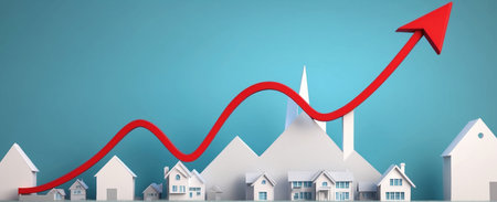 graphic representation of the increase in the value of the home and the mortgage. Illustration of houses and arrows representing home prices and mortgage inflation, all in vibrant colors.の素材