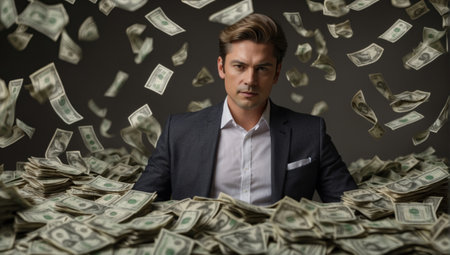 Portrait of a successful business person posing in a suit, completely surrounded by money.の素材