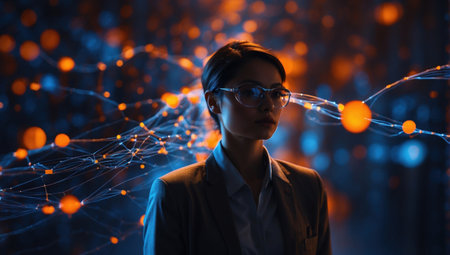 individual surrounded by a network of digital connections in a dark environment illuminated by blue and orange bokeh lights integrated into his clothing. fusion of man with technology and cyberspaceの素材