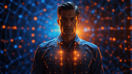 individual surrounded by a network of digital connections in a dark environment illuminated by blue and orange bokeh lights integrated into his clothing. fusion of man with technology and cyberspaceの素材