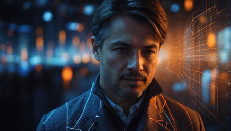 portrait of man in a complex network of luminous nodes, symbolizing the connection of ideas and innovation in a business or technological environmentの素材