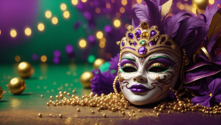 Illustration of carnival mask with decorations and bright colors. Perfect for posters.の素材