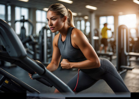 close up illustration of muscular woman in the gym, ready to start a training series.の素材