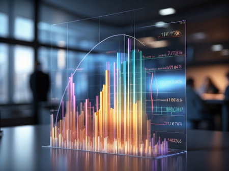 Holographic graphic representation of a bar chart and ascending lines, indicating growth or increase, in a modern office environment.の素材