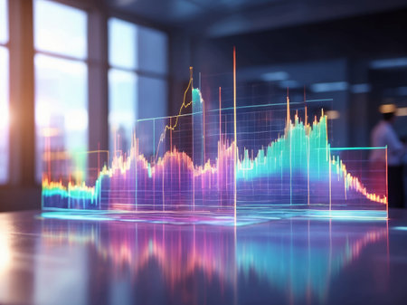 Holographic graphic representation of a bar chart and ascending lines, indicating growth or increase, in a modern office environment.の素材