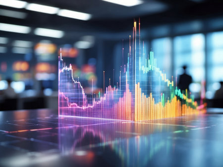 Holographic graphic representation of a bar chart and ascending lines, indicating growth or increase, in a modern office environment.の素材