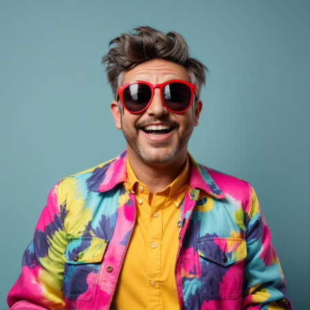 Outgoing and cheerful middle-aged person wearing sunglasses against a solid one-color background, square image.の素材