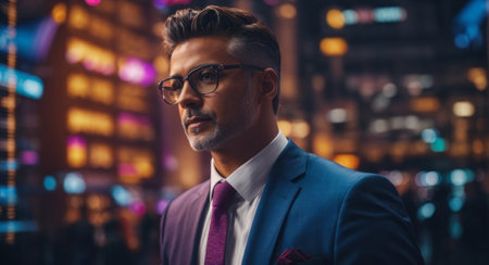 Portrait of a vibrant businessman dressed in a suit and tie posing in his work areaの素材