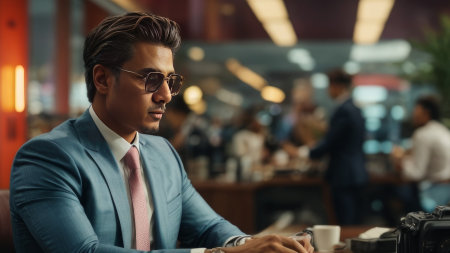 Portrait of a vibrant businessman dressed in a suit and tie posing in his work areaの素材