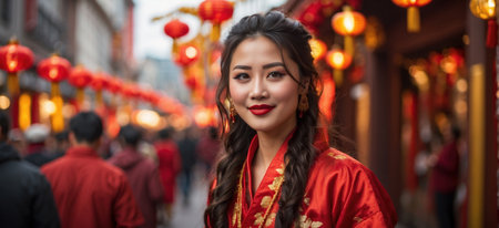 Portrait of woman wearing a red and gold traditional dress, participating in Chinese New Year festivities. Red lanterns and festive decorations fill the air, creating a vibrant and joyful atmosphere.の素材