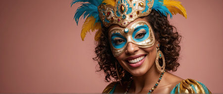 beautiful smiling woman in carnival mask looking at camera isolated on pinkの素材
