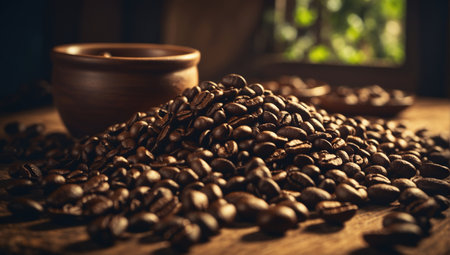 pile of fresh coffee beans, scattered on a rustic wooden surface, with a bowl in the background, gently lit to highlight the texture and color of the beansの素材
