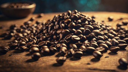 pile of fresh coffee beans, scattered on a rustic wooden surface, with a bowl in the background, gently lit to highlight the texture and color of the beansの素材
