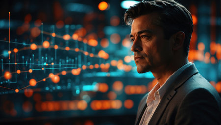 Portrait of a handsome young businessman on the background of the stock market graph.の素材