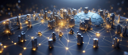 3D rendering of a global network connection over a cityscape.の素材